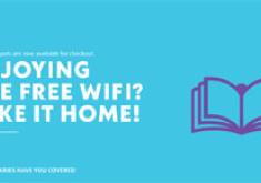 Text Enjoying the free wifi? Take it Home! Next to a purple book icon