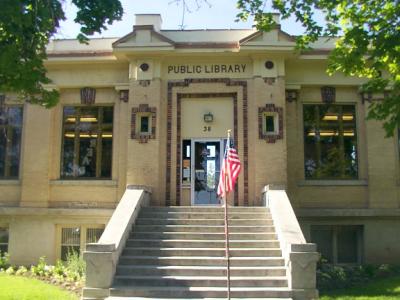 Outside view of the library front steps and entrance